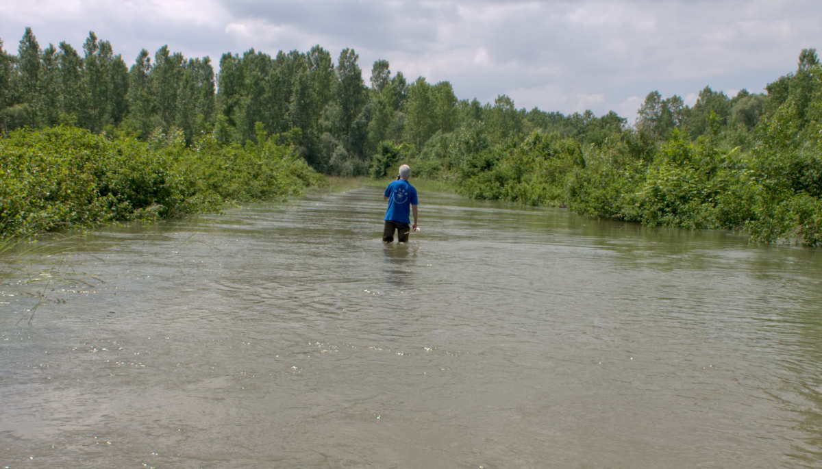 Ein KABS-Mitarbeiter steht auf einer überschwemmten Landstraße.