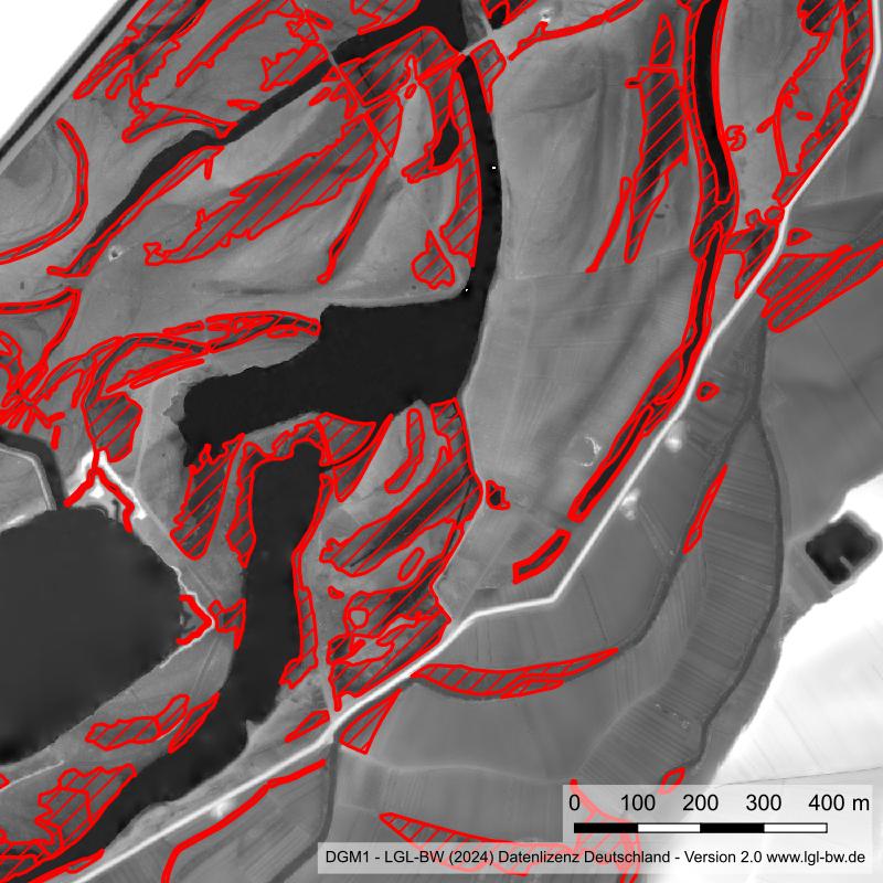 Ein Kartenausschnitt mit Brutstätten auf digitalem Höhenmodell.