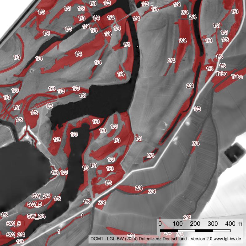 Ein Kartenausschnitt mit Brutstätten und Bekämpfungsstrategie auf digitalem Höhenmodell.