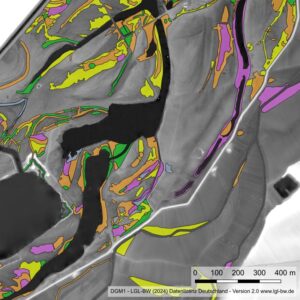 Ein Kartenausschnitt mit ökologischer Feinkartierung auf digitalen Hohendaten.