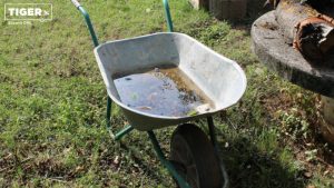 In einer Schubkarre hat sich Regenwasser gesammelt.