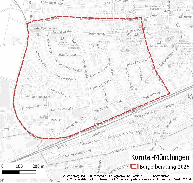 Übersichtskarte zum Gebiet in dem 2026 Bürgerberatungen stattfinden. Zeigt die im Text genannten Straßen.