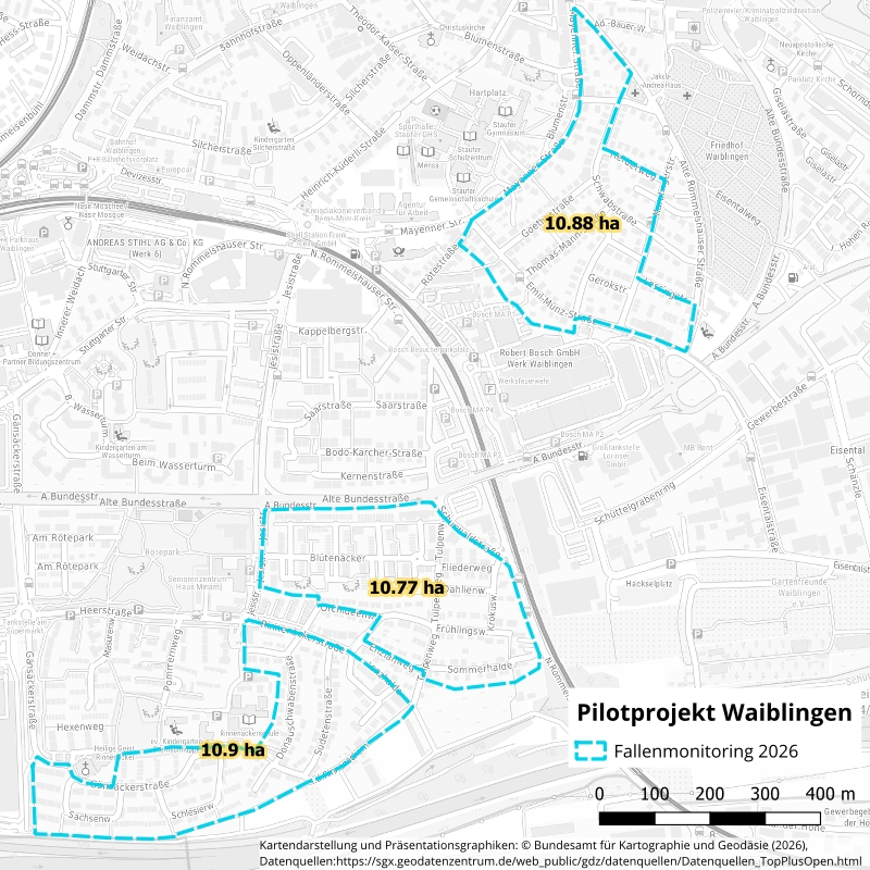 Karte mit den Aktionsflächen im Pilotprojekt Waiblingen im Jahr 2026.